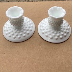 Vintage fenton 2 hobnail milk glass candle stick holders. Ruffled edge, 3 1/2"